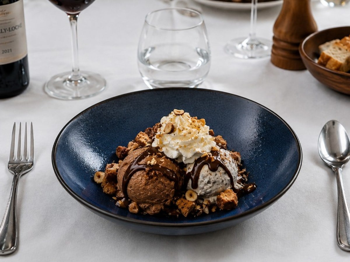 Coupe glacée avec glace chocolat et vanille, crème fouettée, noisettes et sauce chocolat.