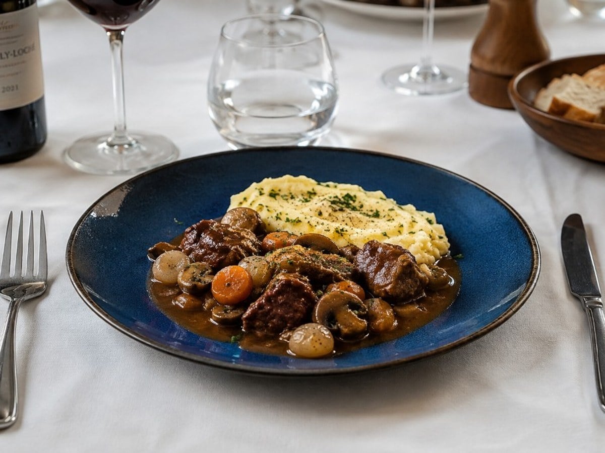 Plat mijoté servi dans une assiette bleue, avec légumes, champignons et sauce brune.