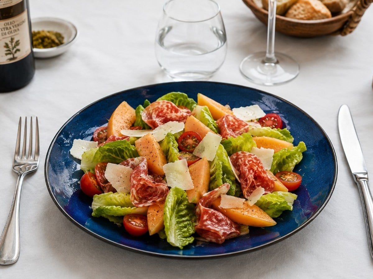 Grande salade gourmande servie dans une assiette bleue, avec romaine, melon, tomates cerises, charcuterie et copeaux de fromage.