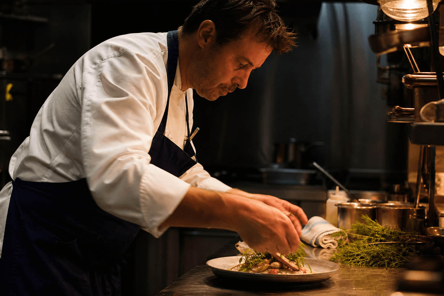 Le chef en cuisine, dressant un plat avec précision.